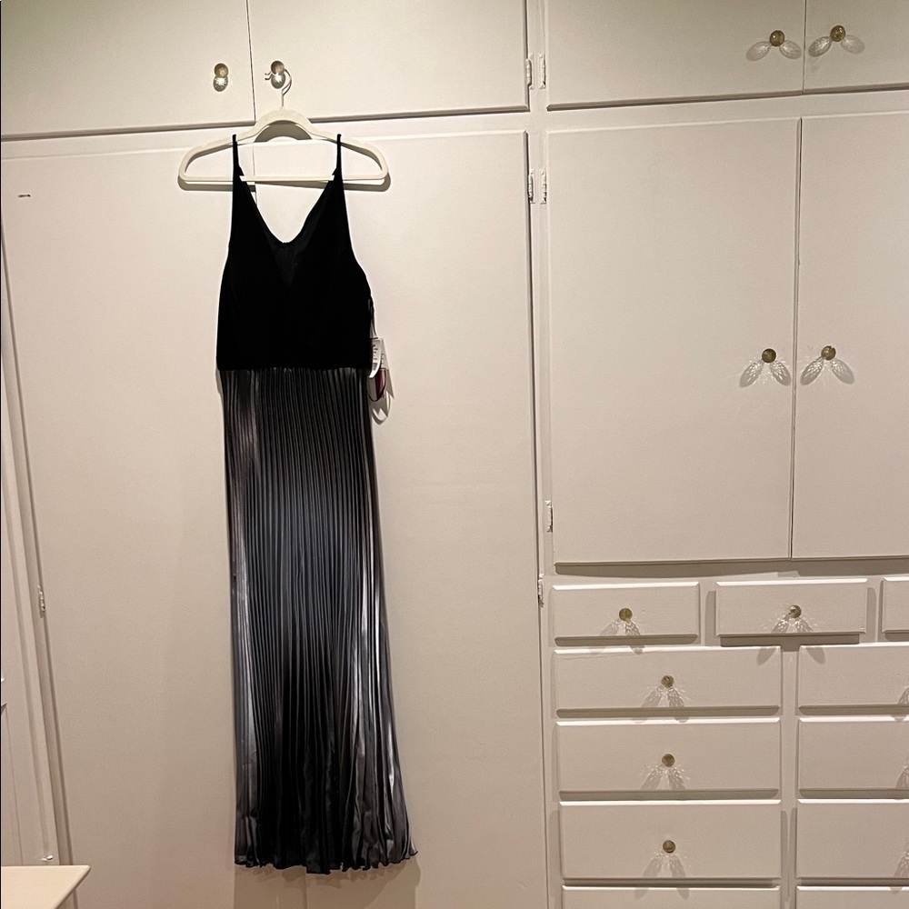 Aqua Black and Gray Pleated Maxi Dress